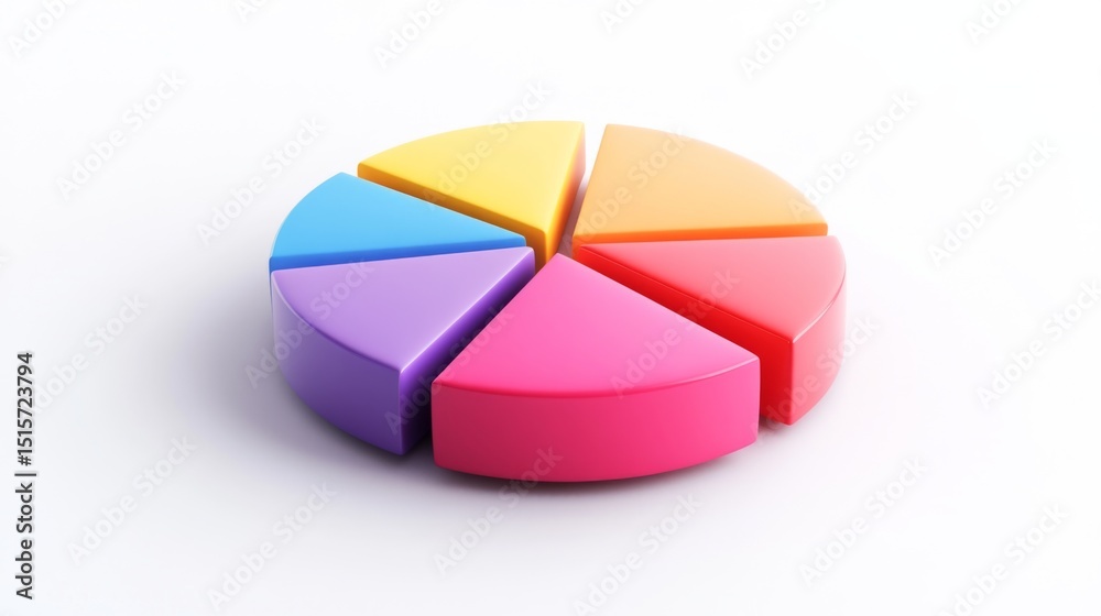 Obraz premium Colorful pie chart segmented into sections on a plain white background, sleek and modern, ideal for data visualization.