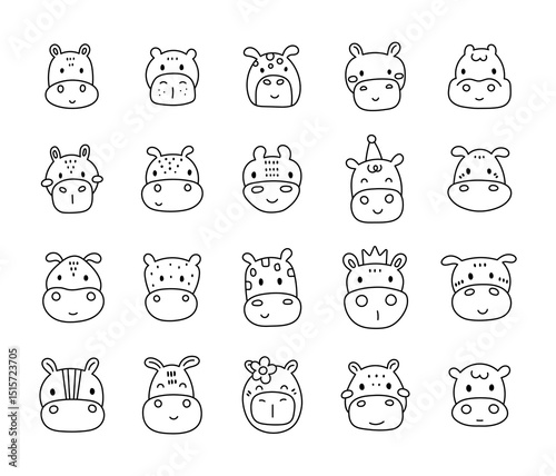 Charming cartoon hippo face set created for and outline line art with cute animal friendly character head for yours illustration and creative designs projects