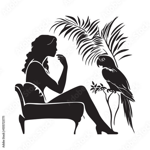 Woman Sitting on Bench with Macaw Parrot Silhouette Vector.