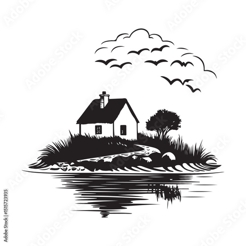 Charming Countryside Cottage with Traditional Thatched Roof and Lush Garden Image vector