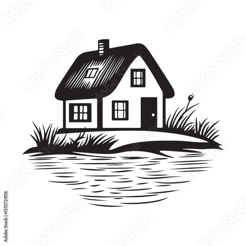 Beautiful Cottage With Thatched Roof In The Countryside Image vector on white background.