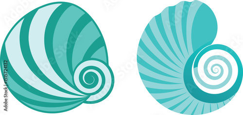 Two stylized turquoise seashells with spiral centers isolated on white background ocean summer design