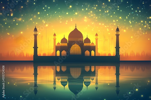 Majestic Mosque Silhouette Reflected In Calm Water At Sunset