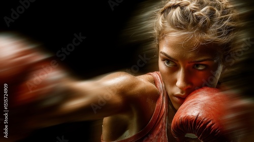 Female boxer delivering powerful punch with motion blur effect