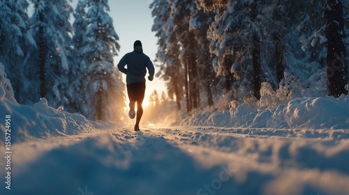Athlete jogging through serene snowy forest during winter with golden sunlight filtering through trees