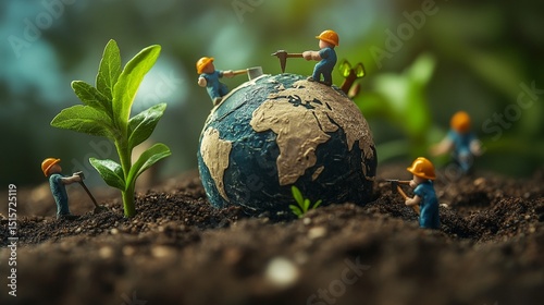 Miniature workers taking care of a small Earth with plants growing on it, symbol of saving the planet.