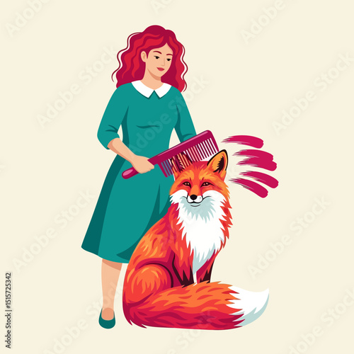 Woman Combing Fox Fur with a Comb in a Whimsical Illustration