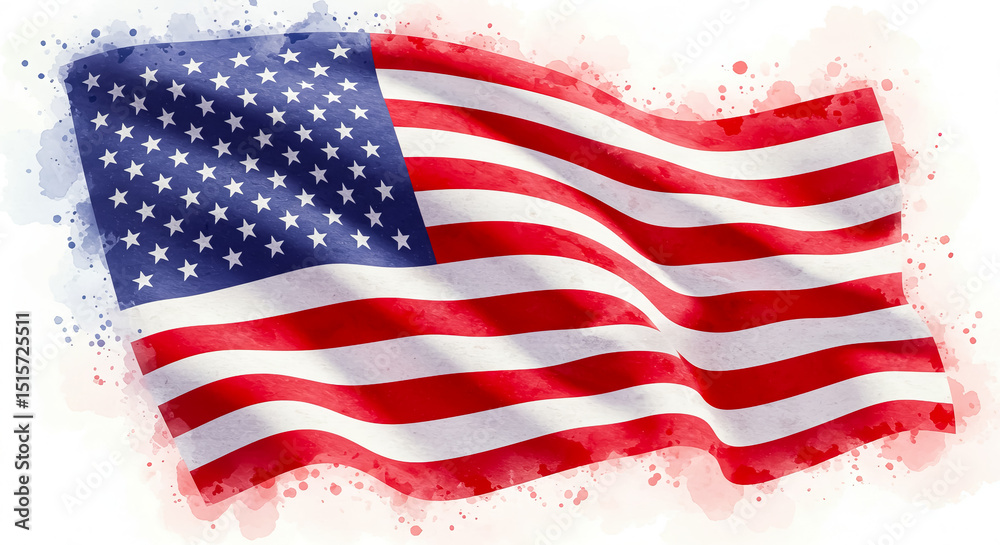 Fototapeta premium Watercolor illustration of a waving american flag with red stripes and white stars on a blue field