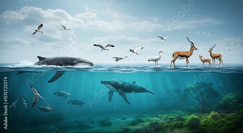 A surreal aquatic scene where land and sea animals coexist—whales, seals, birds, turtles, and antelope all appear in and above the ocean, blending ecosystems in harmony. photo