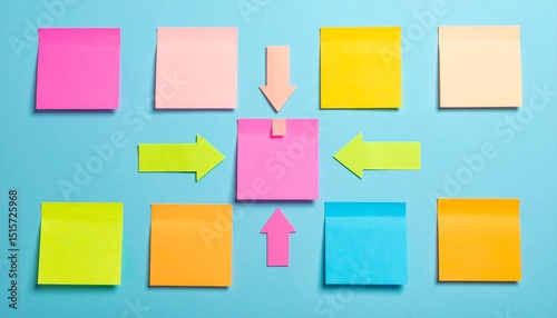 Colorful sticky notes arranged in a creative mind map formation, highlighting concepts and ideas. The various sticky notes are placed against a pastel blue background with different vibrant colors