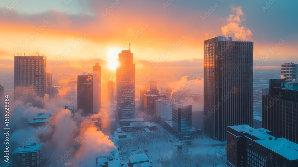 Fototapeta premium Sunrise illuminating a quiet cityscape from above, with warm golden tones casting a hopeful light on the New Years Day scene