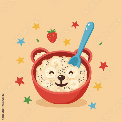 Eating Oatmeal Cereal From Bear Bowl with Spoon and Strawberry Decor