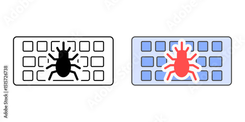 Keyboard with bug icon in outline and color styles, vector illustration symbolizing keylogger threat, malware infection, or cybersecurity issue related to input devices.