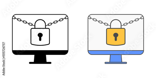 Monitor with padlock icon in outline and color styles, vector illustration representing screen security, device access control, or secure desktop system in cybersecurity context.