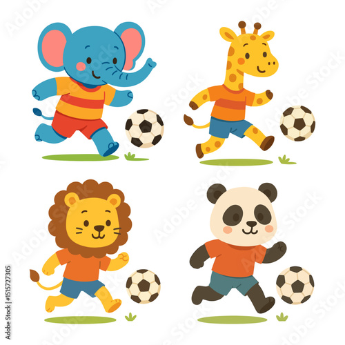 Cute Animal Soccer Players - Elephant, Giraffe, Lion, Panda | Flat Kids Illustration