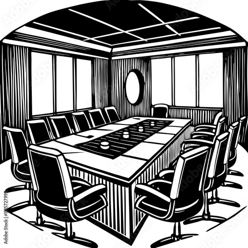 Black and white illustration of a modern conference room