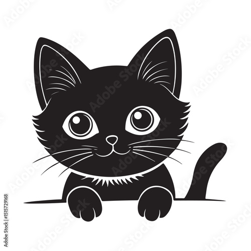 Adorable Black Kitten with Big Eyes and Raised Tail Peeking