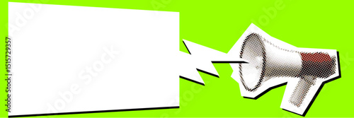 Megaphone and speech bubble icon vector with dotted collage pointilize in torn paper. Ideal for voice campaign, marketing ads, and callout banner illustrations.