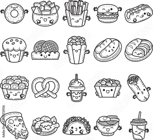 Coloring pages of fast food items illustration.
