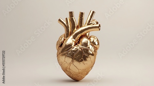 Anatomically Correct Golden Heart on Beige Background Showing Coronary Arteries and Veins Detail