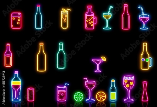 Bright neon icons of various alcoholic beverages on a dark background, mojito,  illustration