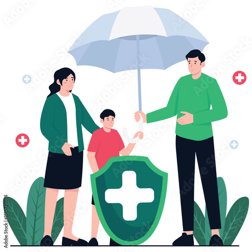Health Insurance Illustation. Vector illustration of A family of three under a giant umbrella representing health coverage and safety. Isolated on background