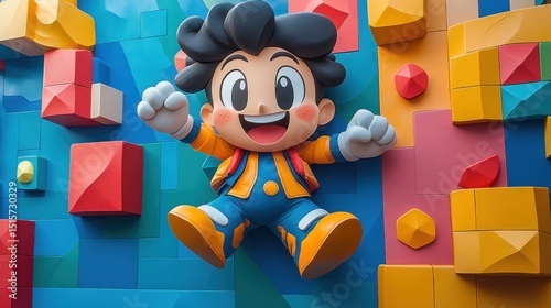 Happy cartoon boy figure on colorful wall