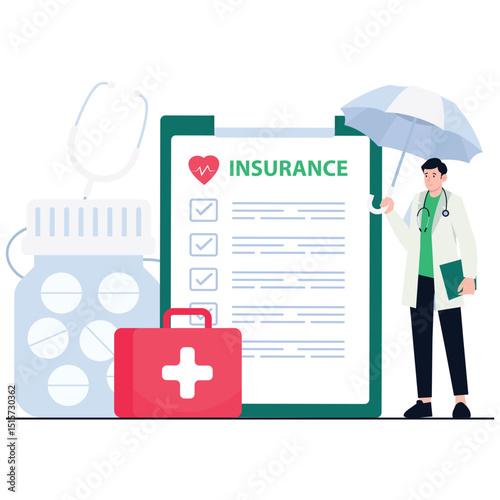 Health Insurance Illustation. Vector illustration of A male doctor stands with medical tools and an insurance form holding an umbrella. Isolated on background