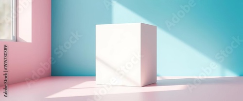 Clean white cube on pastel pink and blue surface  soft light reflection  scene  blue