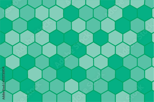 A vector background with gradient green tones forms a futuristic pattern, filled with symmetrical hexagon shapes arranged in a modern digital design.

