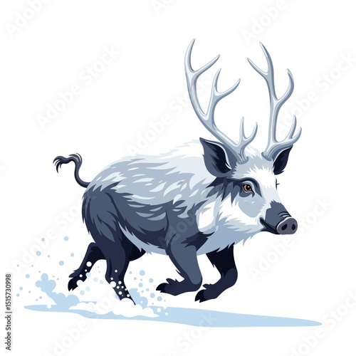 Running Fantasy Boar with Antlers Digital Art on White Backdrop