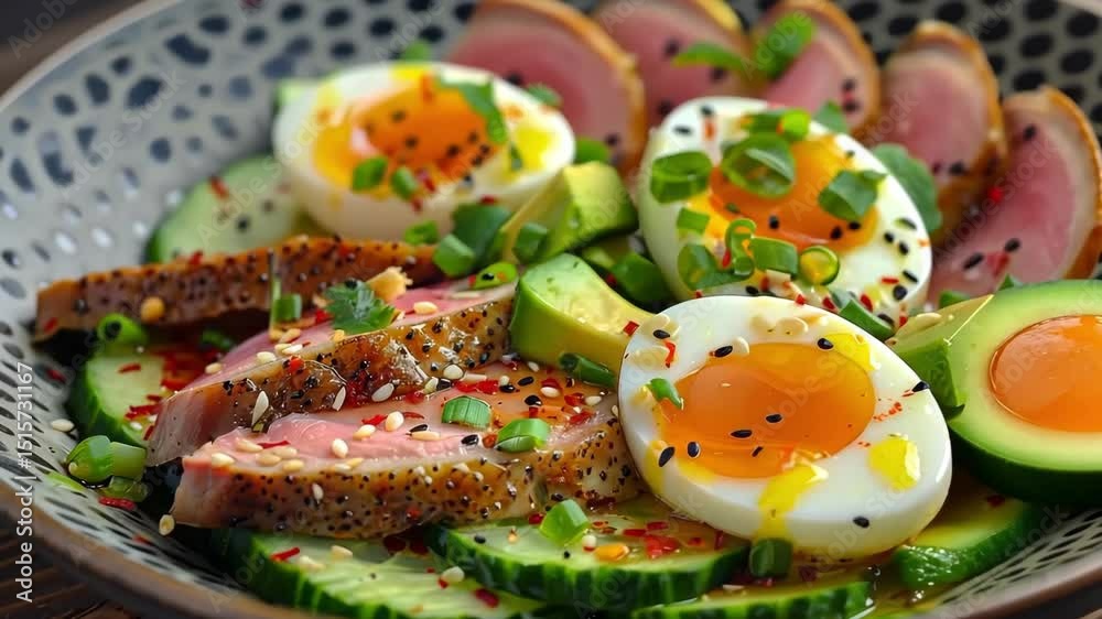This vibrant smoked duck salad features fresh cucumbers, creamy avocado, and boiled eggs. A perfect low-carb meal option for those seeking a healthy, flavorful dish.