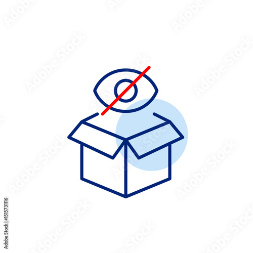 Vector icon of open parcel with crossed-out eye, symbolizing hidden contents, private delivery, or invisible shipment. Ideal for e-commerce apps, logistics platforms, and privacy settings