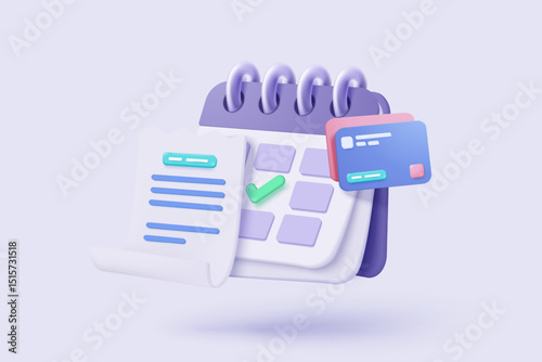 3D bill payment with credit card and financial for online shopping, payment credit card with alert notification. Invoice transaction with money coin. 3d receipt vector icon render illustration