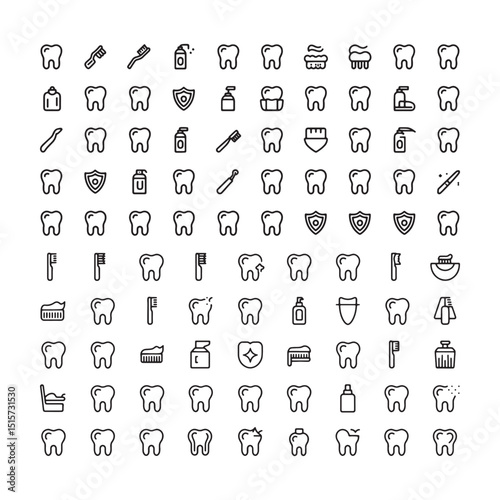 Set of vector line icons related to teeth brushing, dentifrice, toothbrush, dental care, toothpaste, mouthwash, tooth protection, stroke. Isolated on white background