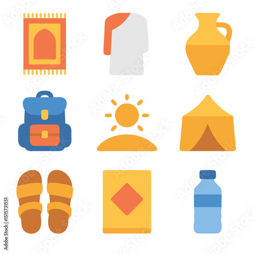 Hajj equipment flat icons for travel essentials. Perfect for religious or travelthemed design projects needing versatile icon elements.