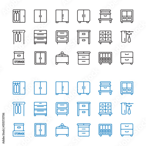 Cabinet, cupboard, interior, storage, archive, shelf, cupboard. Set of stroke related line icons. Isolated on white background. 