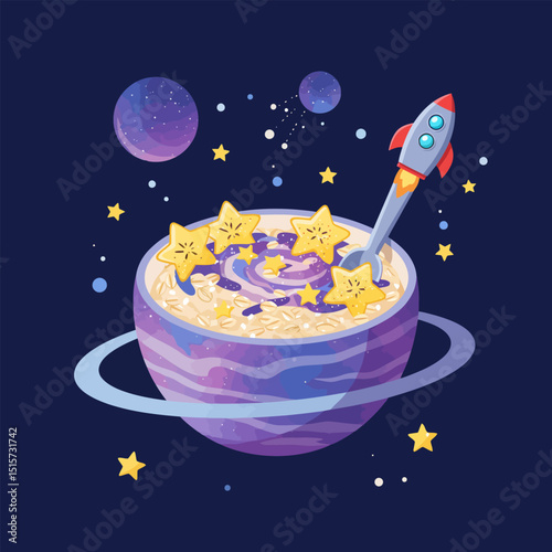 Cosmic Oatmeal Bowl with Star Fruit and Rocket Spoon in Space