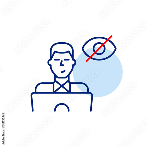 Vector icon of man at laptop with crossed-out eye, symbolizing hidden activity, private browsing, or invisible user status. Ideal for privacy apps, remote work tools, and secure interfaces