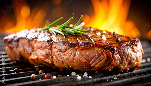 Beef steak grilled deliciously in flames and smoke.