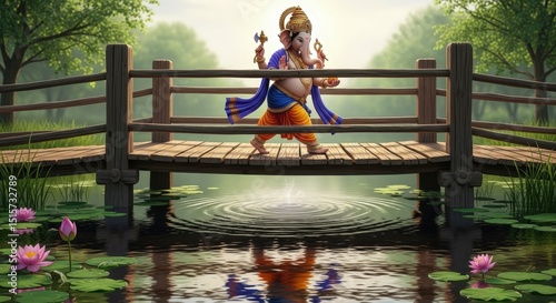 Ganesha hindu god on bridge over water lily pond hinduism spirituality deity photo