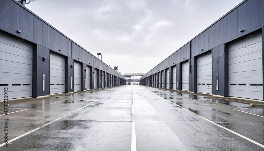 Obraz premium A row of modern industrial storage units with closed garages on a wet, reflective concrete surface under a cloudy sky.