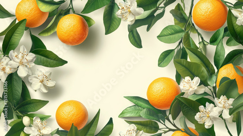Square layout of blossoming citrus tree branches, vibrant oranges and lush leaves, suited for fresh, summer-themed visuals