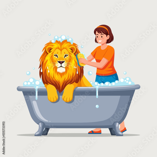 Woman Bathing Lion in Bathtub with Sponge for a Fun Illustration