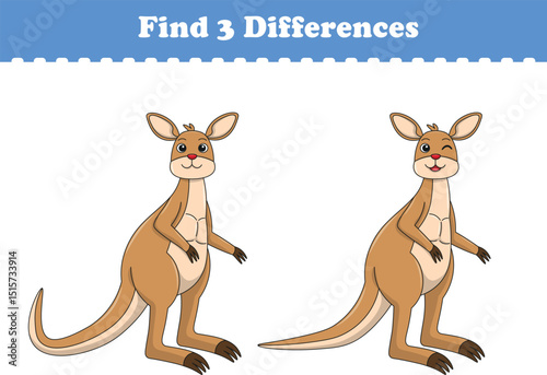 Education game for children find three differences between two kangaroo cartoon. Vector illustration