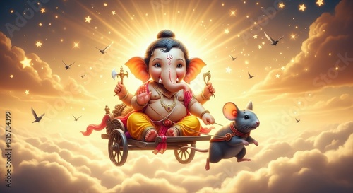 Baby ganesha hindu god elephant mouse chariot clouds stars sky divine cute art