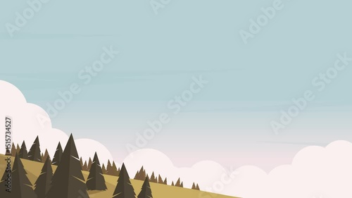 Minimalist flat design forest landscape with rolling hills and pastel sky cartoon animation background