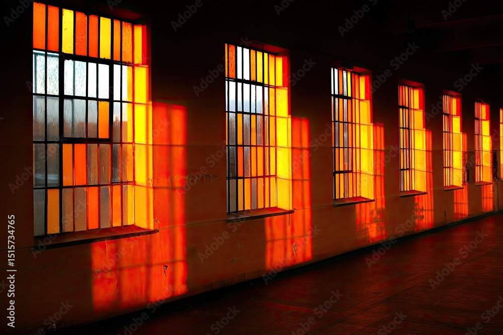 Fototapeta premium Sunlit Windows Casting Warm Hues Across Wall