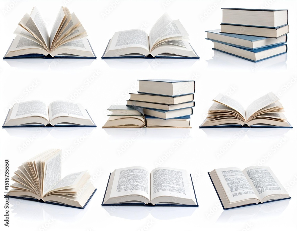 Fototapeta premium Collection of Open and Stacked Books Isolated on White Background Perfect for Education Reading and Literature Concepts