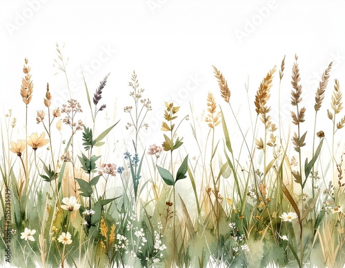Watercolor Painting of Wildflowers and Grasses A Summer Meadow Scene